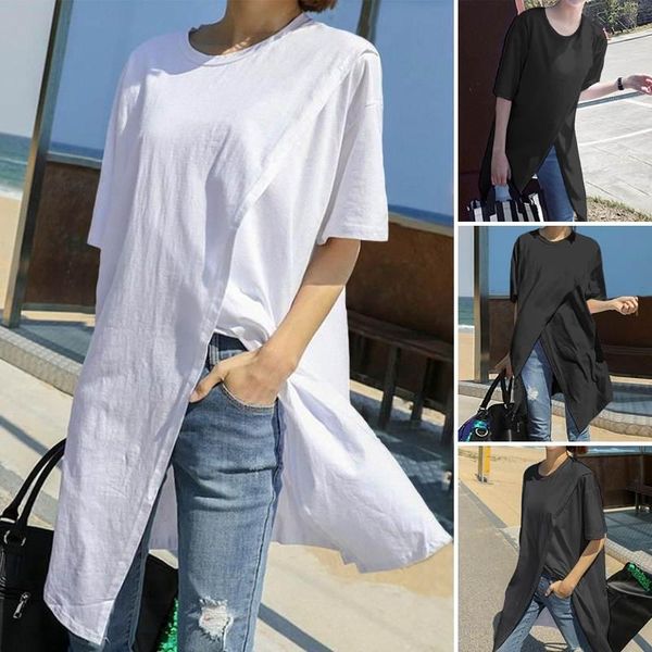 

women's blouses & shirts women blouse 2021 casual loose short sleeve round neck split hem party bohemian plus size blusa, White