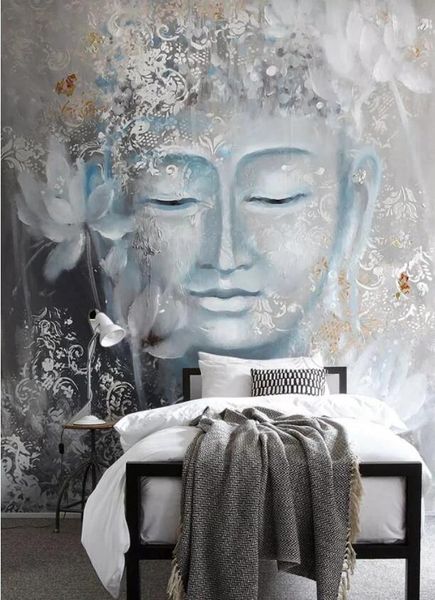 

wallpapers custom size po hand-painted murals self adhesive wallpaper nostalgic buddha lotus porch setting wall decoration waterproof