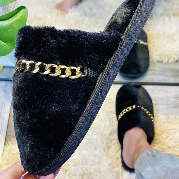 

slippers women fluffy house for winter fur shoes shoe flat home, Black