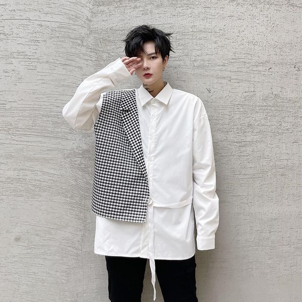 

men's casual shirts hairstylist fashion brand clothing splicing fake two design sense of minority chic net red korean style hands, White;black