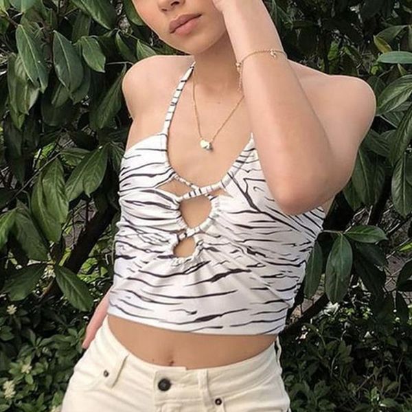 

women's tanks & camis cross hollow out halter zebra print women y2k summer backless lace up crop vest streetwear short camisole yuqung, White