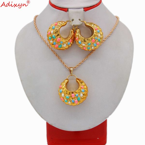 

adixyn luxury multicolor jewelry set gold color pendant necklace earrings for women girls party birthday ethnic gifts n04223 h1022, Silver