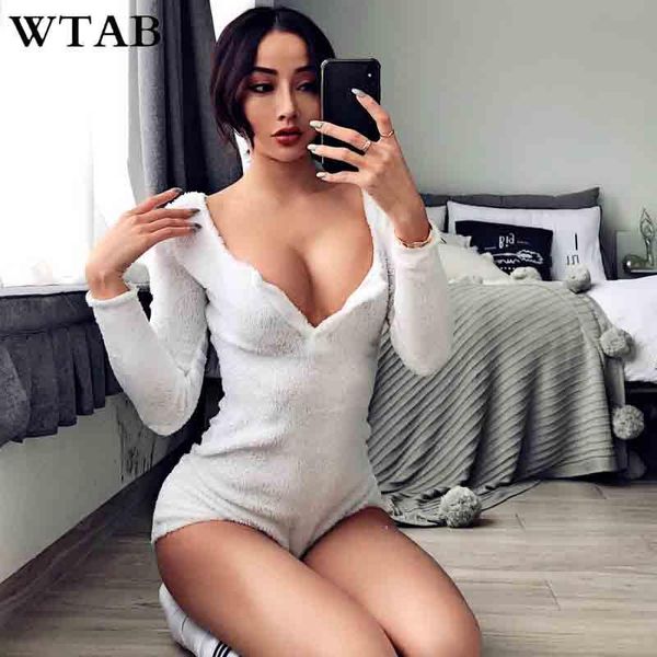 

women's jumpsuits & rompers wtab villus autumn winter playsuits women long sleeve solid black bodycon button skinny lady femme, Black;white