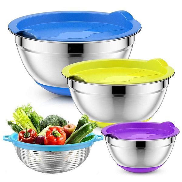 

bowls mixing with airtight lids & colander, 4pcs stainless steel nesting for kitchen, non-slip silicone bottom