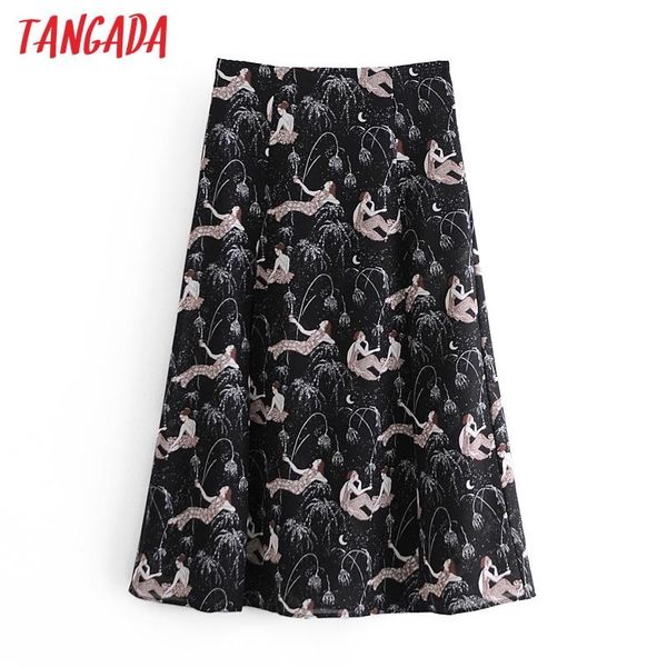 

tangada women vintage print chiffon midi skirt faldas mujer side zipper office ladies elegant chic mid calf skirts 6m18, Black