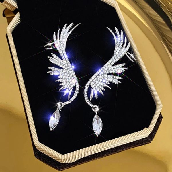 Silber Farbe Engel Flügel Kristall Baumeln Ohrringe für Frauen Luxus Koreanische Ohr Manschette Gilrs Stud Earing Mode Piercing Jewerly Neue