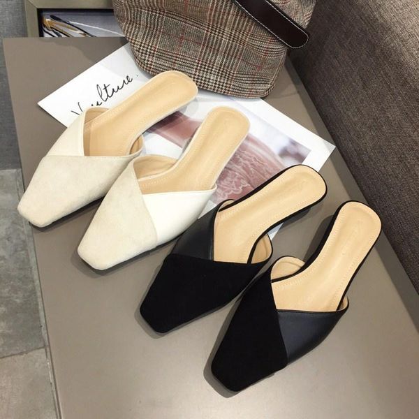 

flat shoes female slippers casual square toe thin heels slides low shallow mules for women 2021 luxury cover rubber fabric pu, Black