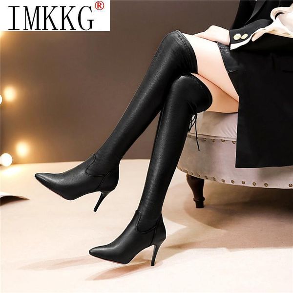 

boots 2021 stiletto heel high boot for women pointed toe knee fashion elegant slip on long, Black
