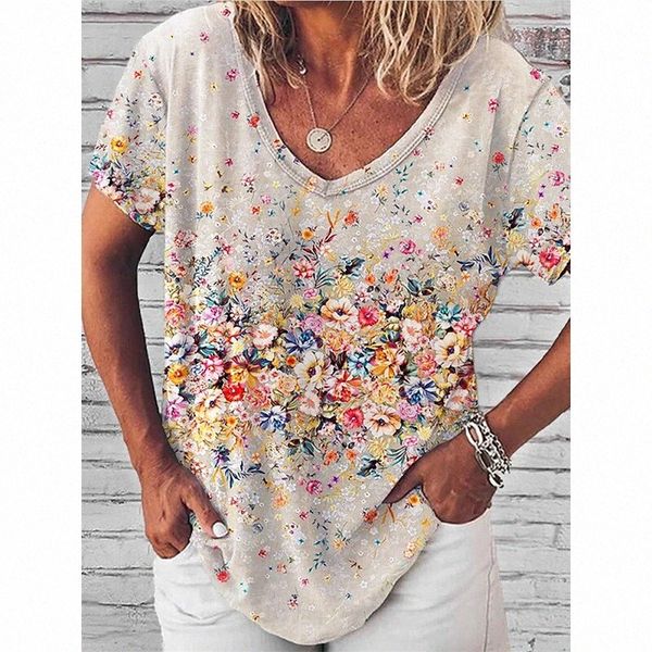 

women's 3d printed t shirt floral patchwork print v neck basic rainbow m5bi#, White