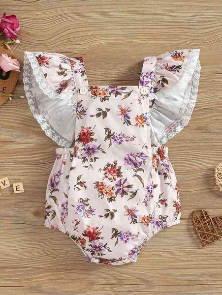 

baby floral print embroidery mesh trim bodysuit she, Blue