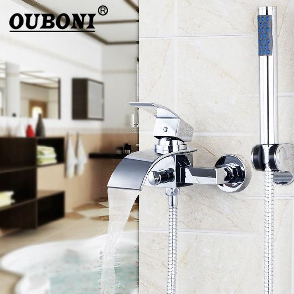 

chrome waterfall tap wall mounted soild brass bathroom bathtub mixer faucet handle spray shower sets