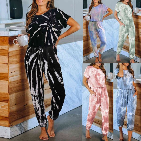 

women's sleepwear 2021 one piece home wear summer tie dye printed pajamas, Black;red