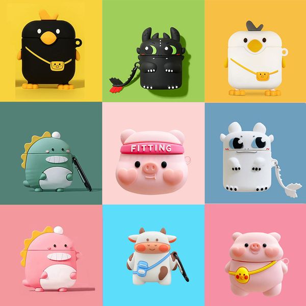 3D Cute Cartoon Pig Cow Duck Dragon Fury Auricolari Bluetooth Custodia protettiva in silicone morbido per Apple Airpods 1 2 Pro Custodia per cuffie