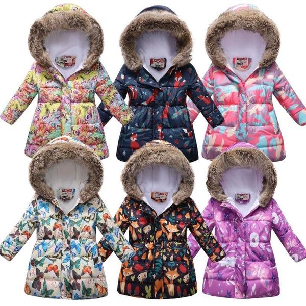 

jackets 2021 children coat winter thicken jacket girls fashion cartoon print woolen collar hooded kids parka outerwear 4-10yrs, Blue;gray