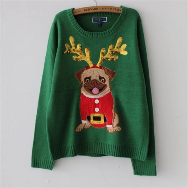 Çirkin Kazak Noel Kadınlar Yeşil Pug Köpek Nakış Sequins Uzun Kollu Kazak Örme Jumper Tops M99591 210421