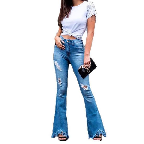 

women's jeans flared for women tassels vintage destroyed woman plus size 2021 skinny flare pants ripped denim jeans's, Blue