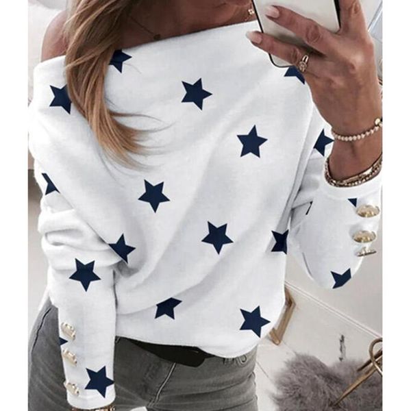 

women's blouses & shirts off shoulder star print shirt women skew collar casual long sleeve blouse spring sweatshirt blusa pullove, White