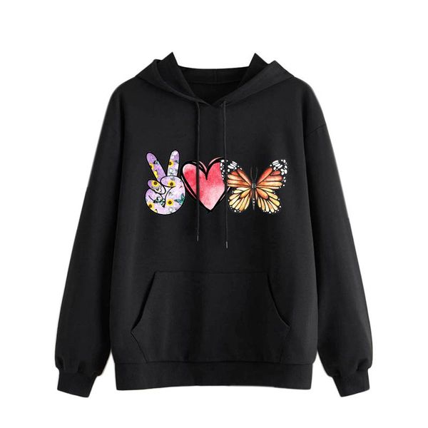 

women's hoodies & sweatshirts womens autumn spring casual butterfly printing soft cotton pullover funny pattern hooded pocket long slee, Black