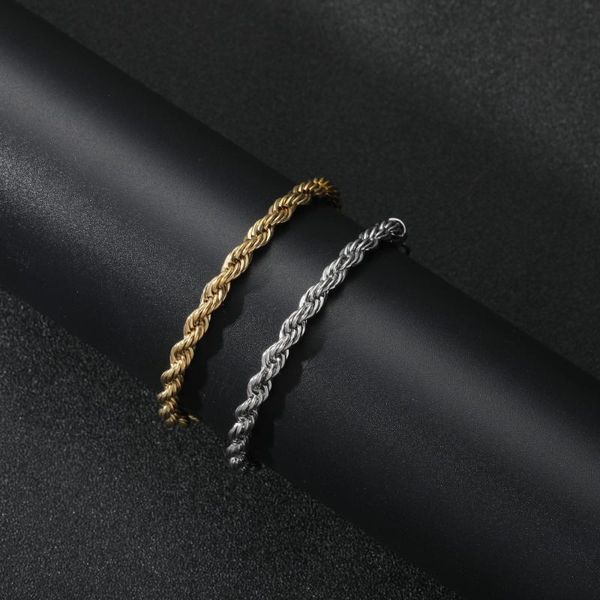 Maglia, catena 5 / 3mm Bracciali in corda da uomo in acciaio inossidabile color oro a portata di mano Bracciale twist hip-hop per uomo all'ingrosso da 7 pollici