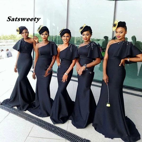 

beads one shoulder mermaid bridesmaid dresses 2021 black satin long wedding party dress african girl women prom gown vestidos, White;pink