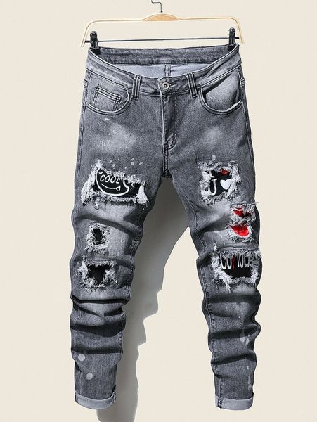 

men heart & letter graphic raw trim jeans l12v#, Blue