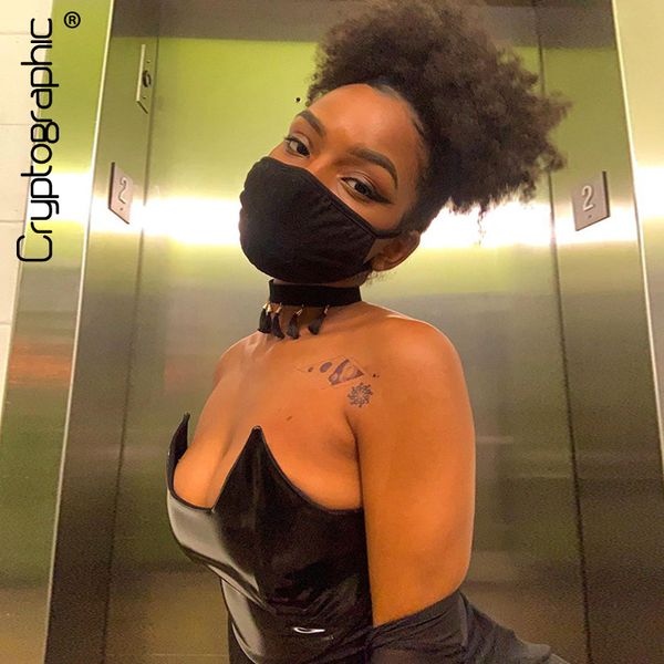 

cryptographic pu leather strapless corset crop for women fashion baless club bla tube cropped sleeveless tanks, Black;white