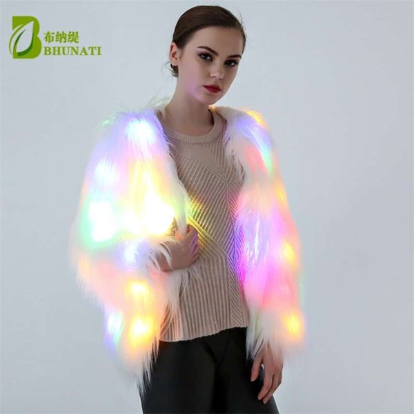 LED casaco de pele fêmea trajes fêmea led luminous roupas jaqueta barra dança show falsa casacos de pele estrela nightclub natal led casaco 210928