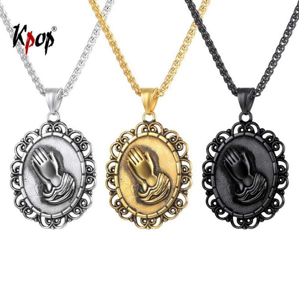 

pendant necklaces kpop praying hands necklace religious medal christian jewelry gold color stainless steel lords prayer men p3233, Silver