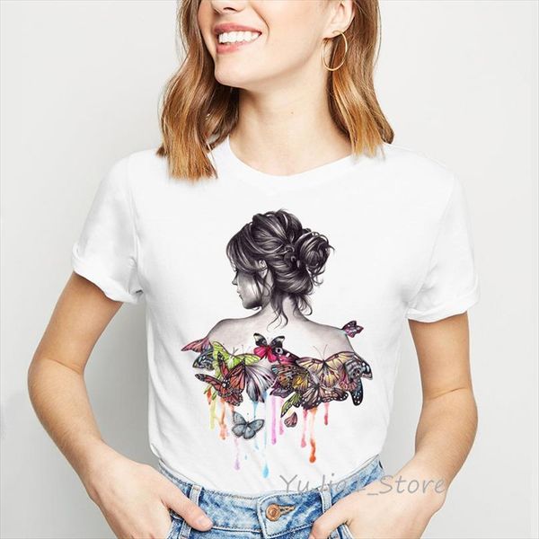 

summer female white watercolor butterflies men t shirts and women print vintage camisas mujer tee femme, White;black