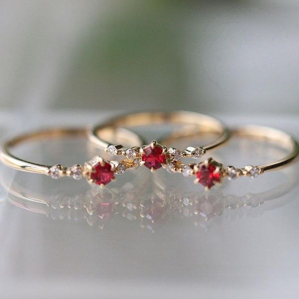 

cluster rings women's simple minimal crystal tiny elegant red zirconia stone engagement love thin ring band wedding accessories, Golden;silver