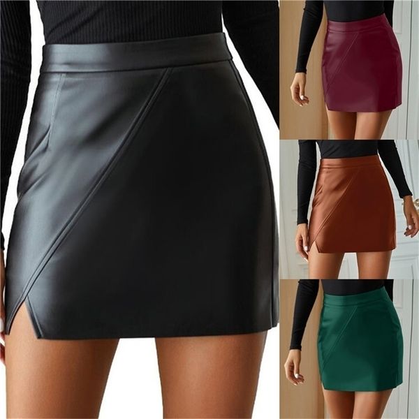

high waist split pu leather women's mini skirt a-line black female short autumn winter lady bottom bodycon 211109