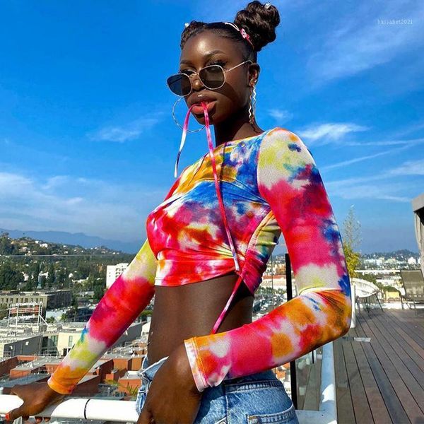 

women's t-shirt autumn tie-dye long-sleeved round neck short slim ladies bottoming shirt, hip-hop street wear, White