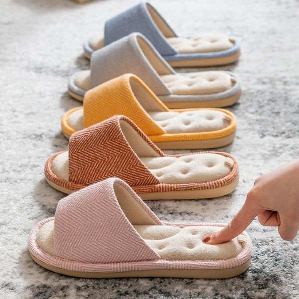 

japanese linen slippers women's spring and autumn soft bottom home wooden floor silent massage warm cotton, Black
