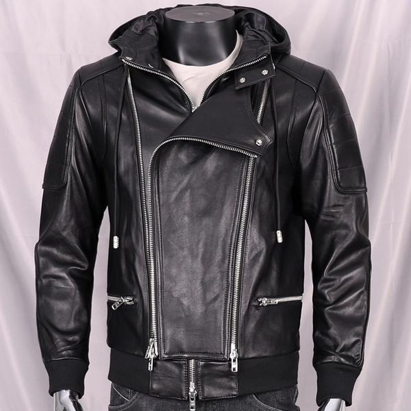 

men's leather & faux pure natural sheepskin autumn/winter black hooded jacket motorcycle suit coat large size 3xl4xl