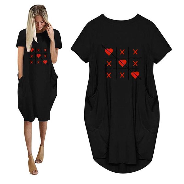 

summer women's drees love printed casual pocket short sleeve o-neck dress plus size long shirt valentine's day party dresses, Black;gray