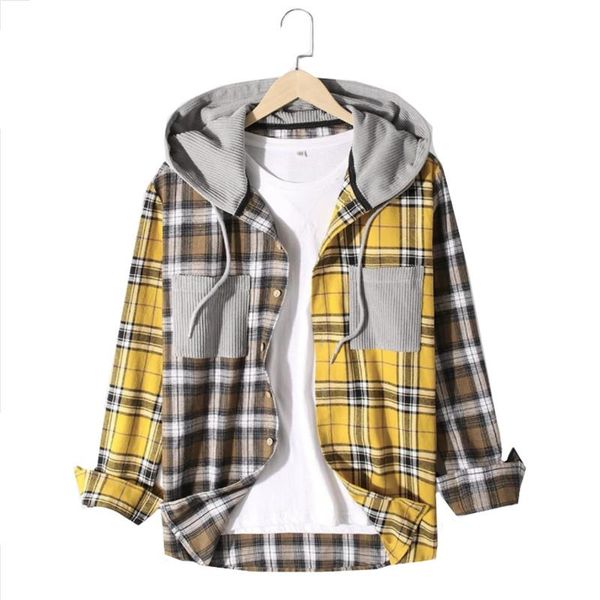 

brand clothing male stitching slim leisure pure cotton business plaid shirts/men fashion casual hooded long-sleeved shirt men's shirts, White;black