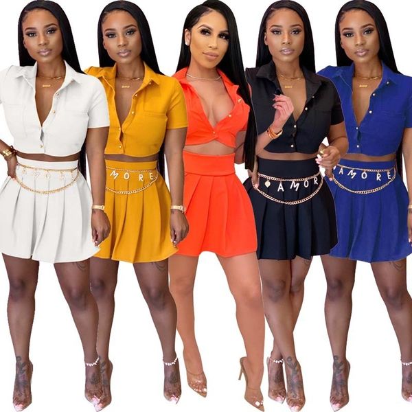 

womens two piece dress fashion trend short sleeve cardigan pleated mini skirts suits designer female summer solid color casual 2pcs sets, White