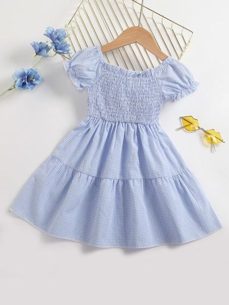 

toddler girls gingham print shirred puff sleeve ruffle hem dress she, Red;yellow