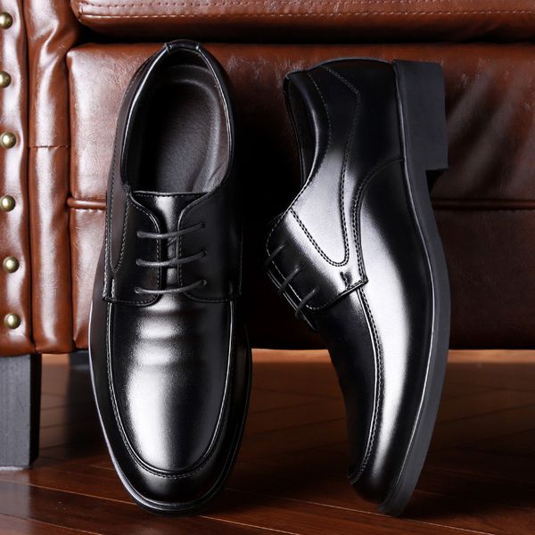 

men's shoes formal leather lace up men's busins casual in spring and autumn round head breathable work soft, Black