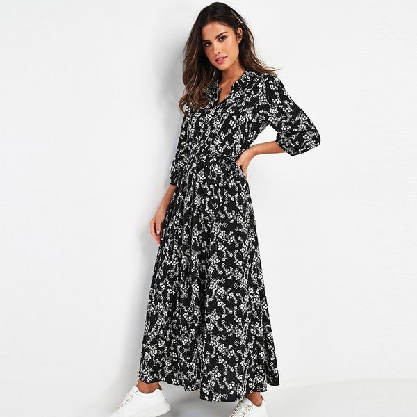

20212021 women long printed dresses three quarter sleeve bohemian maxi dress turn down collar shirt dress vestidos mujer, Black;gray