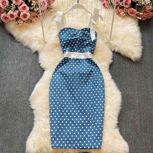 

two piece dress vintage style dot print bow spaghetti strap sleeveless bodycon midi women summer fashion high waist back split par, White