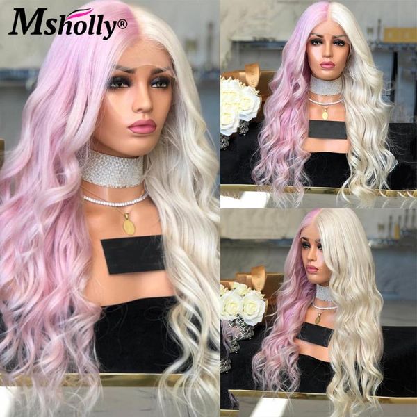 

lace wigs 13x4 frontal wig colored human hair blue half pink blonde wavy glueless brazilian remy 8-26, Black;brown