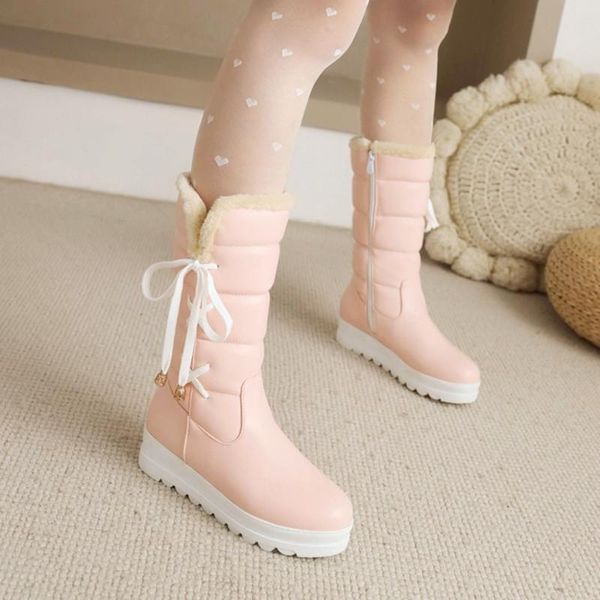 

boots sweet side cross tied bow snow womens warm plush fleece kneehighs ladies white pink black flat winter shoes footwear