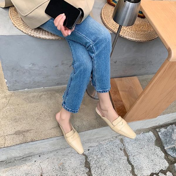 

slippers 2021 summer trendy french retro baotou mid-heel lazy drag mules, Black