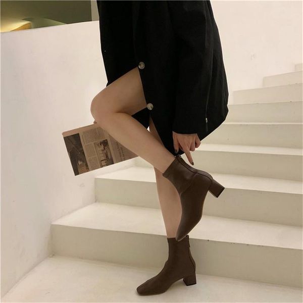

boots zipper white ankle party high heels booties short 2021 autumn rubber square heel soft pu leather boot shoes for women, Black