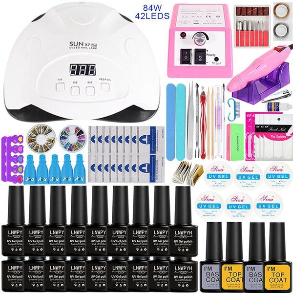 

nail set with 84/54/36w uv led lamp optional 18/10color gel polish base coat extension electric drill kit1