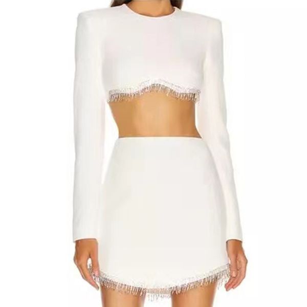 

winter women long sleeve & skirts bandage sets 2 two pieces white tassel club party outwear 210423