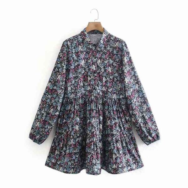 

casual vintage floral above knee dress women turn down collar shirt spring long sleeve a-line party nx2130 210525, Black;gray