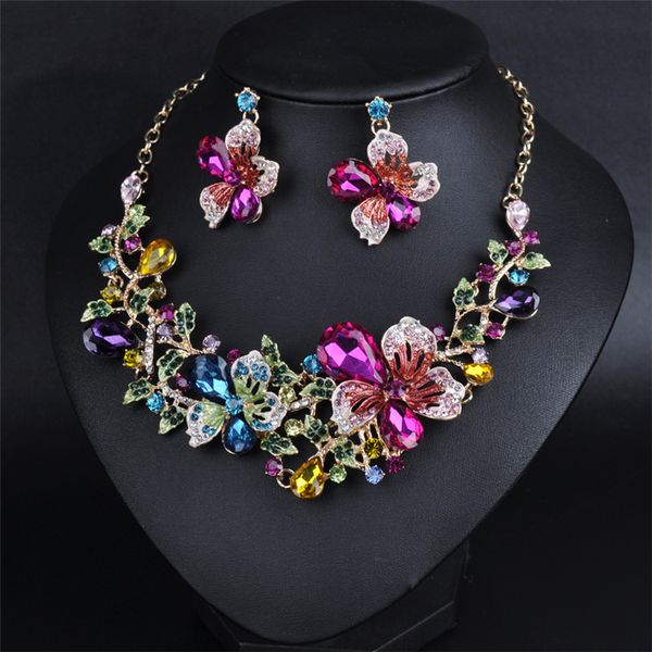 

diamond necklace jewelry sets crystal flower stud earrings necklace set fashion alloy exaggerated women girl statement necklace set, Silver