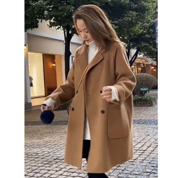 

women's wool & blends 2021 autumn winter medium-long coat women single breasted loose coats korean fashion long sleeve solid color jack, Black